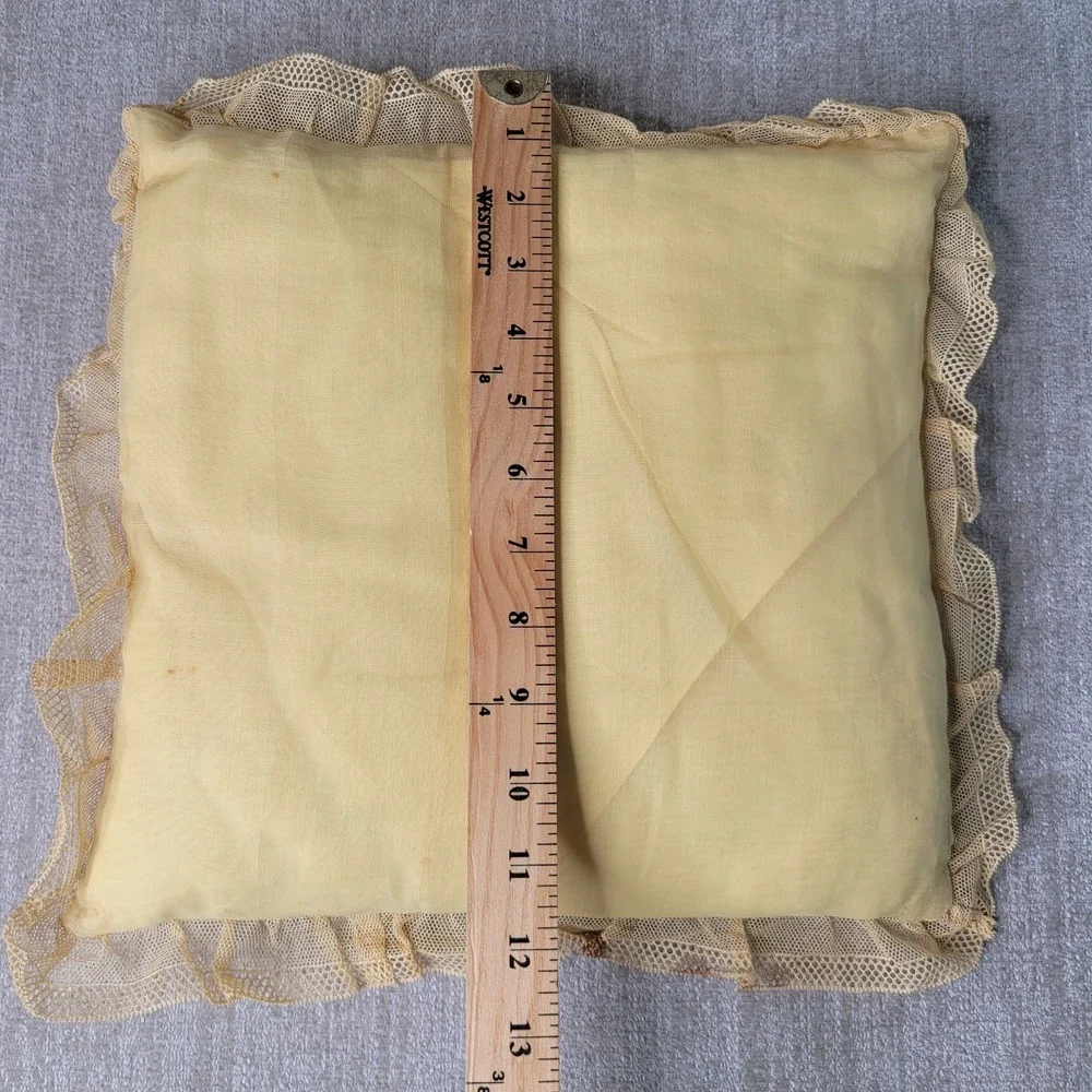 Vintage Embroidery Pillow with Lace Edges 12x12 Shabby Chic Cottagecore‎ Yellow